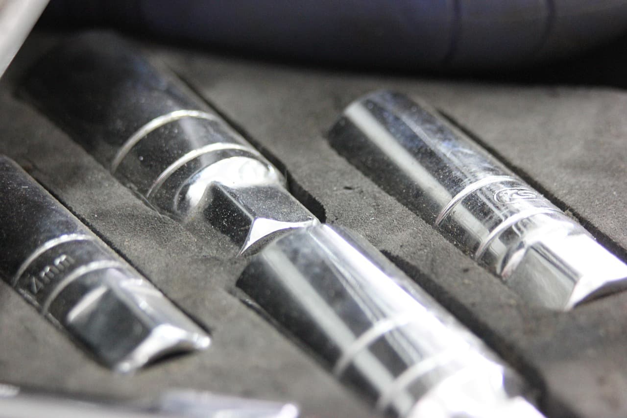 Chrome sockets from a socket set, close up